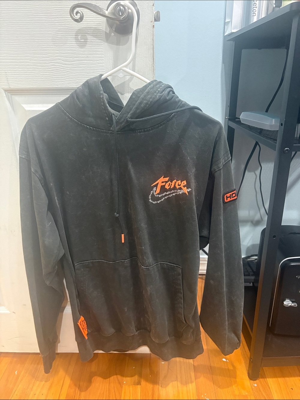 Force Graphic Black Hoodie with Orange Accents - Men small